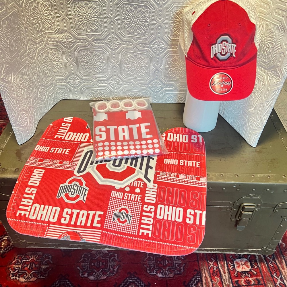 Ohio State Buckeyes Bundle Zephyr Hat Shower Curtain Bath Mat Red White NCAA
